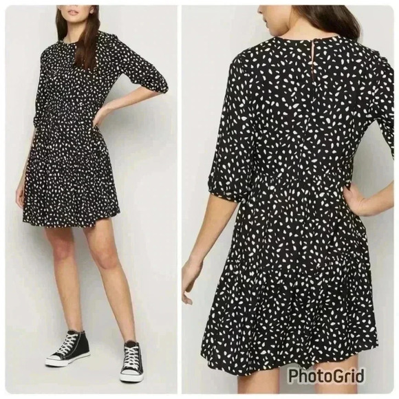 New Look. Black Spot Print Tiered Mini Smock Dress. Size US 2. NWT - Picture 1 of 11